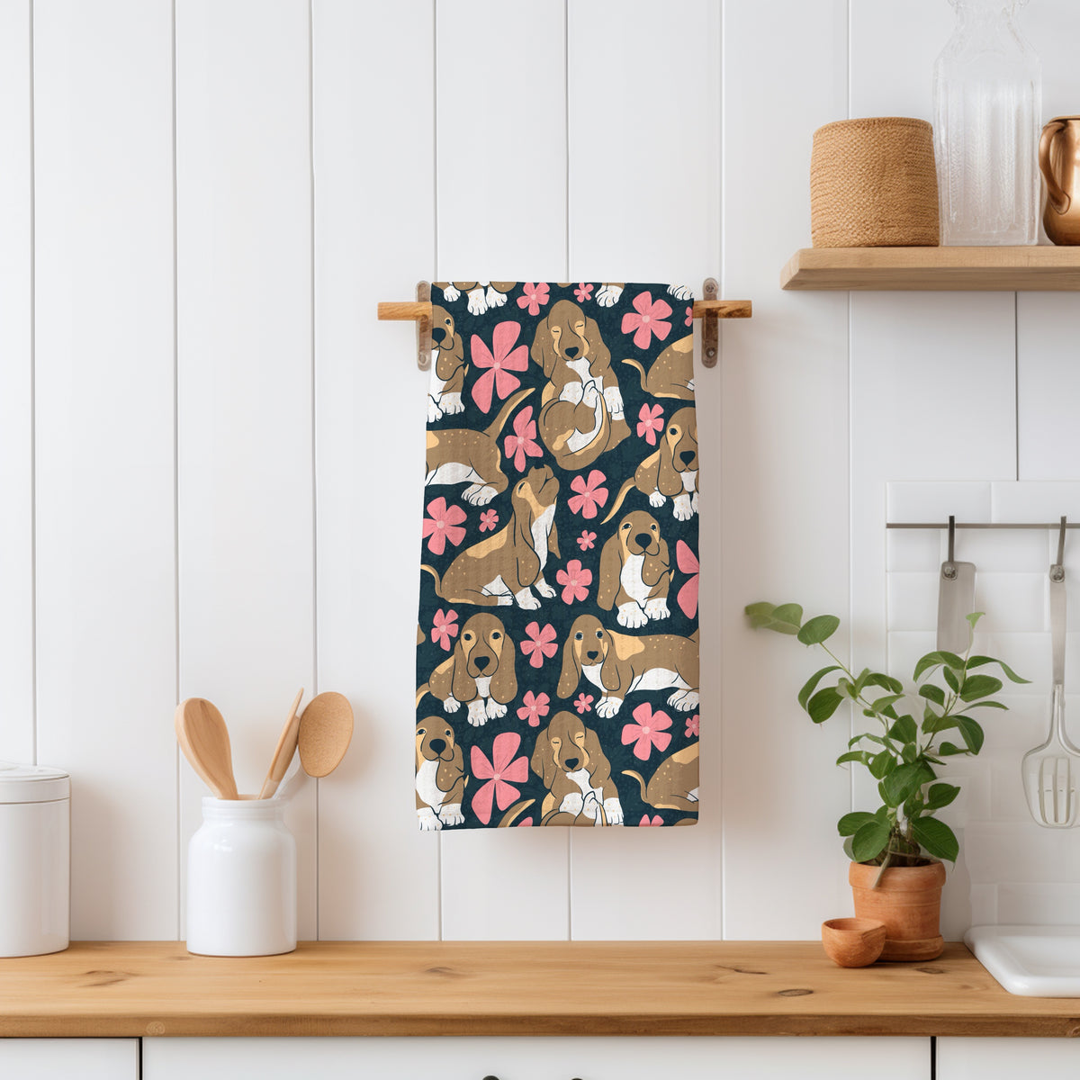 Basset Hound Floral Seamless Pattern Black | Cute Dog Pattern | 12x12β PNG Digital Download