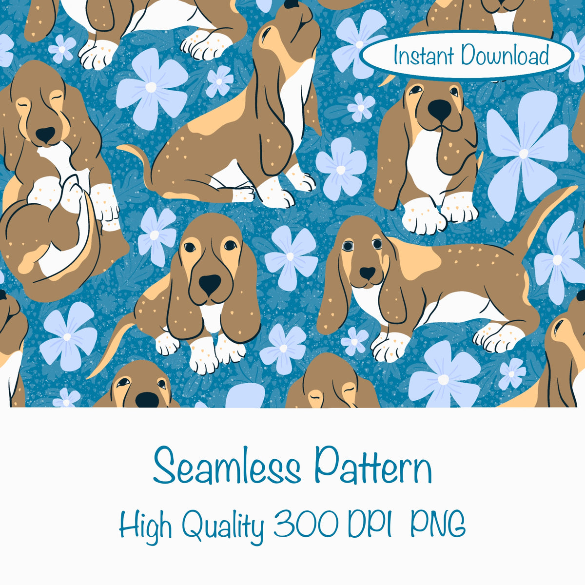 Basset Hound Floral Seamless Pattern Blue | Cute Dog Pattern | 12x12β PNG Digital Download