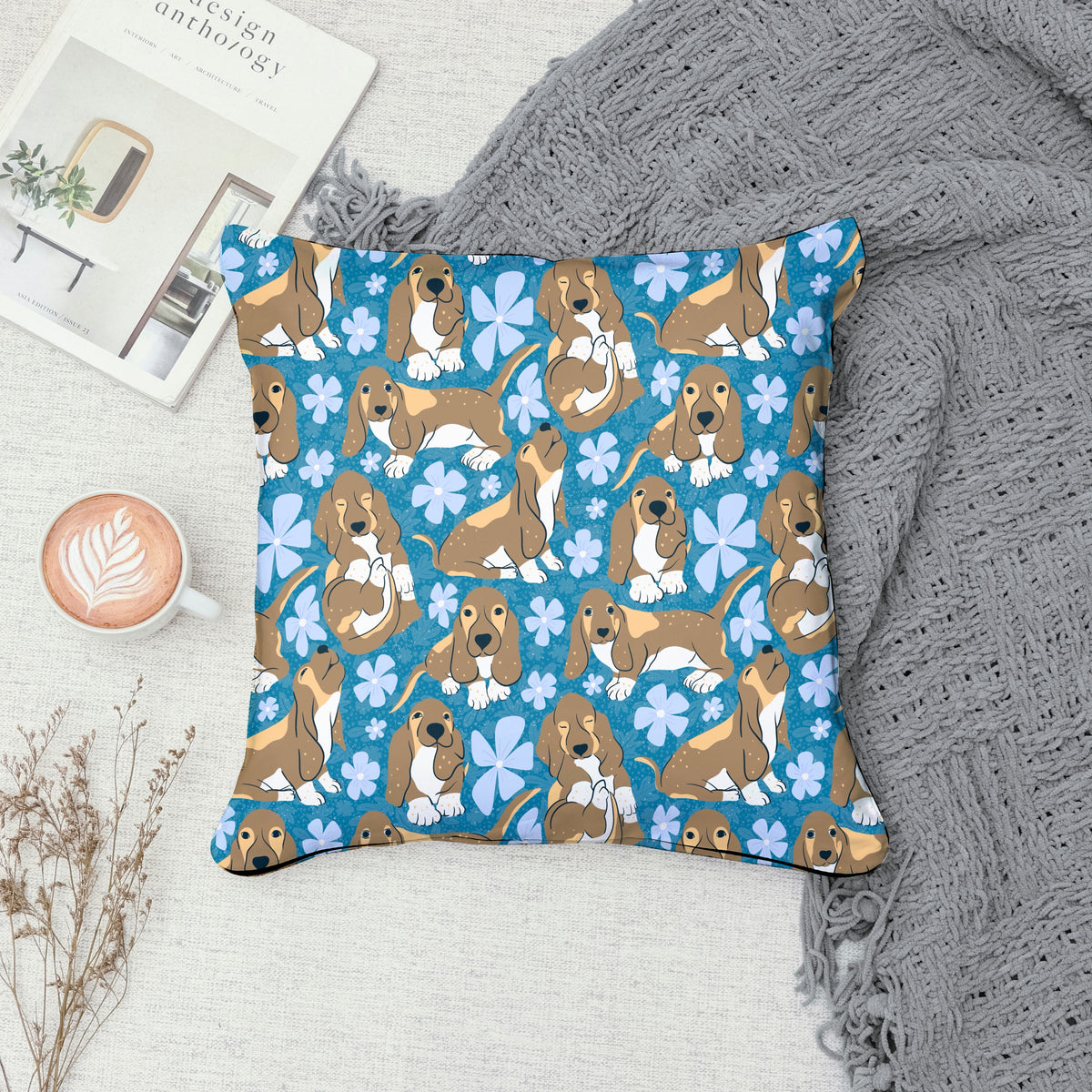 Basset Hound Floral Seamless Pattern Blue | Cute Dog Pattern | 12x12β PNG Digital Download