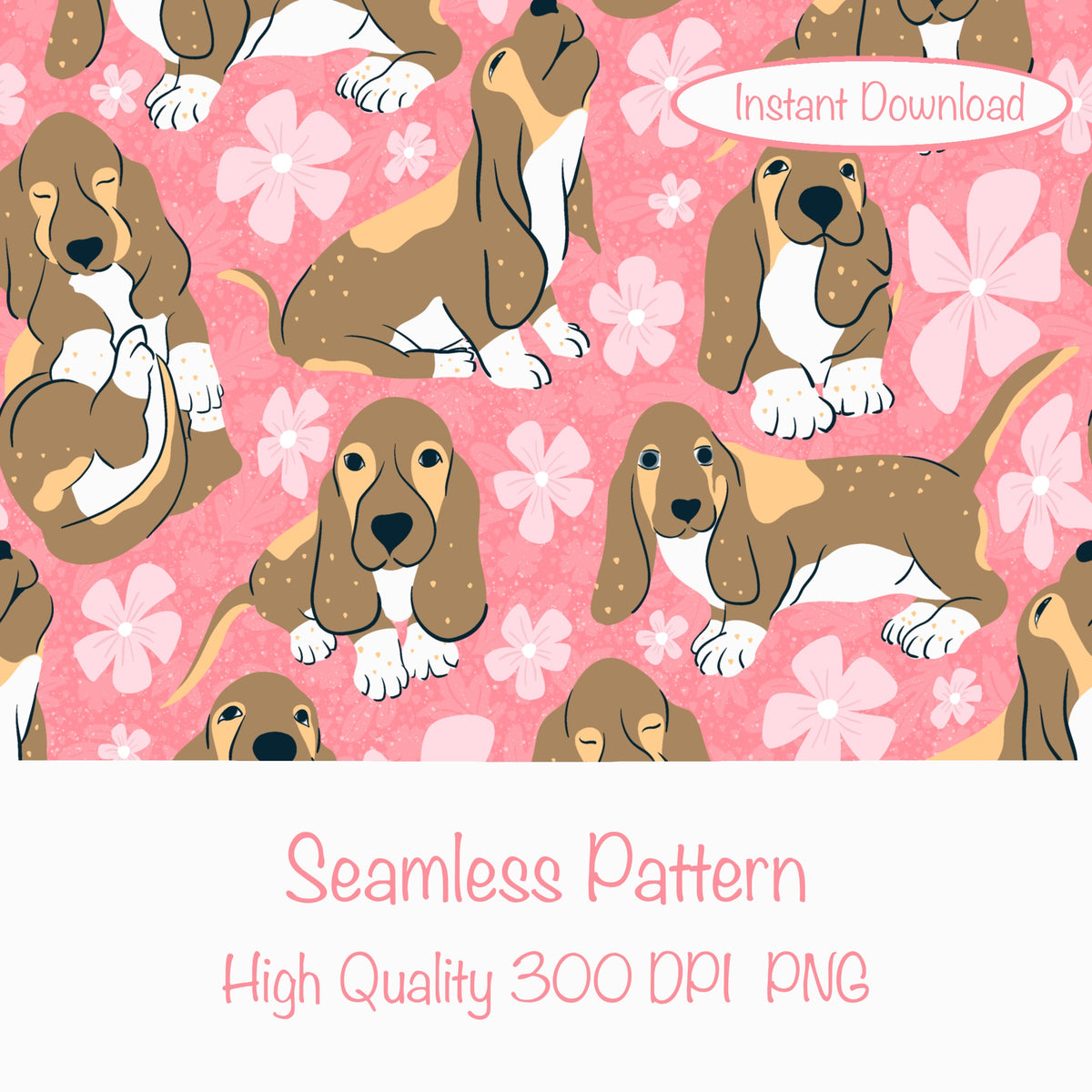 Basset Hound Floral Seamless Pattern Pink | Cute Dog Pattern | 12x12β PNG Digital Download
