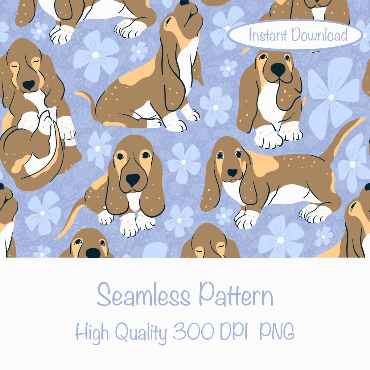 Basset Hound Floral Seamless Pattern Purple | Cute Dog Pattern | 12x12β PNG Digital Download