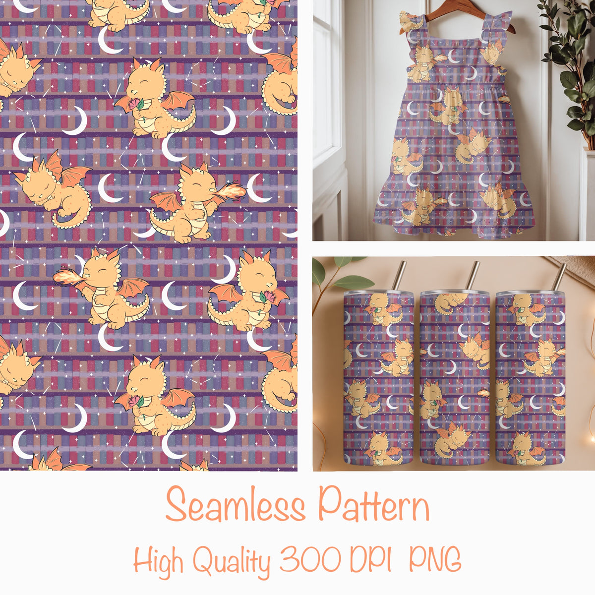 Seamless Dragon Bookshelf Pattern Purple | Dragons, Stars & Moons | Fantasy Bookish Digital Paper PNG for POD
