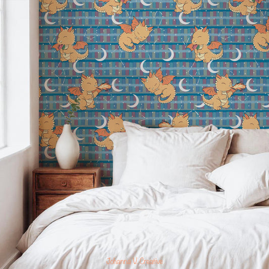 Seamless Dragon Bookshelf Pattern Blue | Dragons, Stars & Moons | Fantasy Bookish Digital Paper PNG for POD