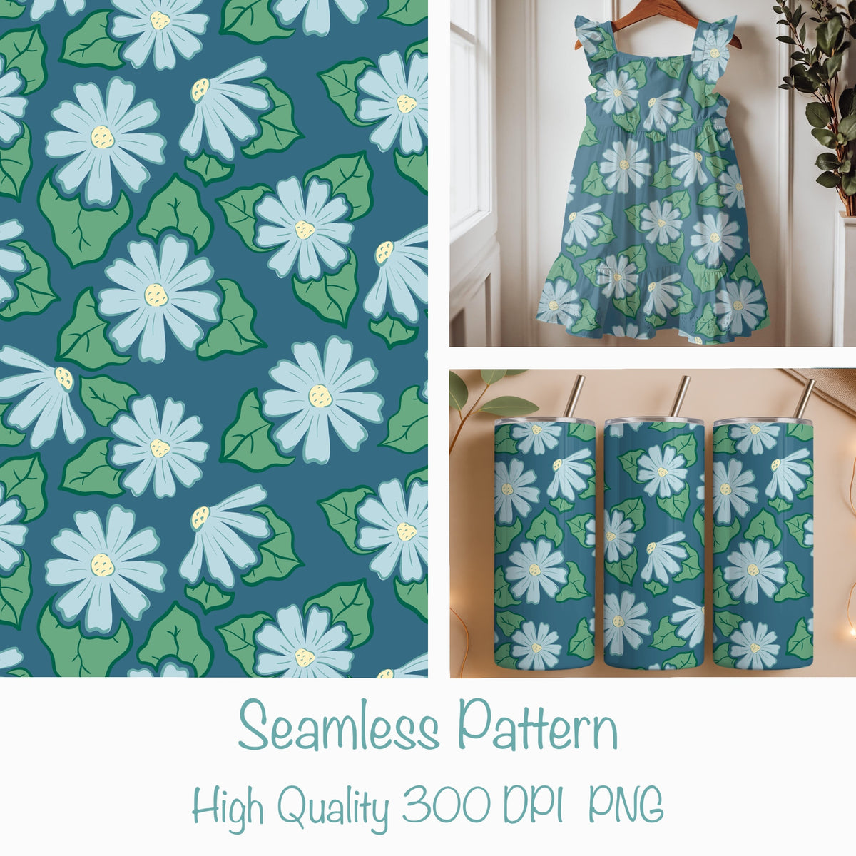 Seamless Floral Pattern Blue | Flowers & Botanicals | Elegant Digital Paper PNG for Sublimation & POD