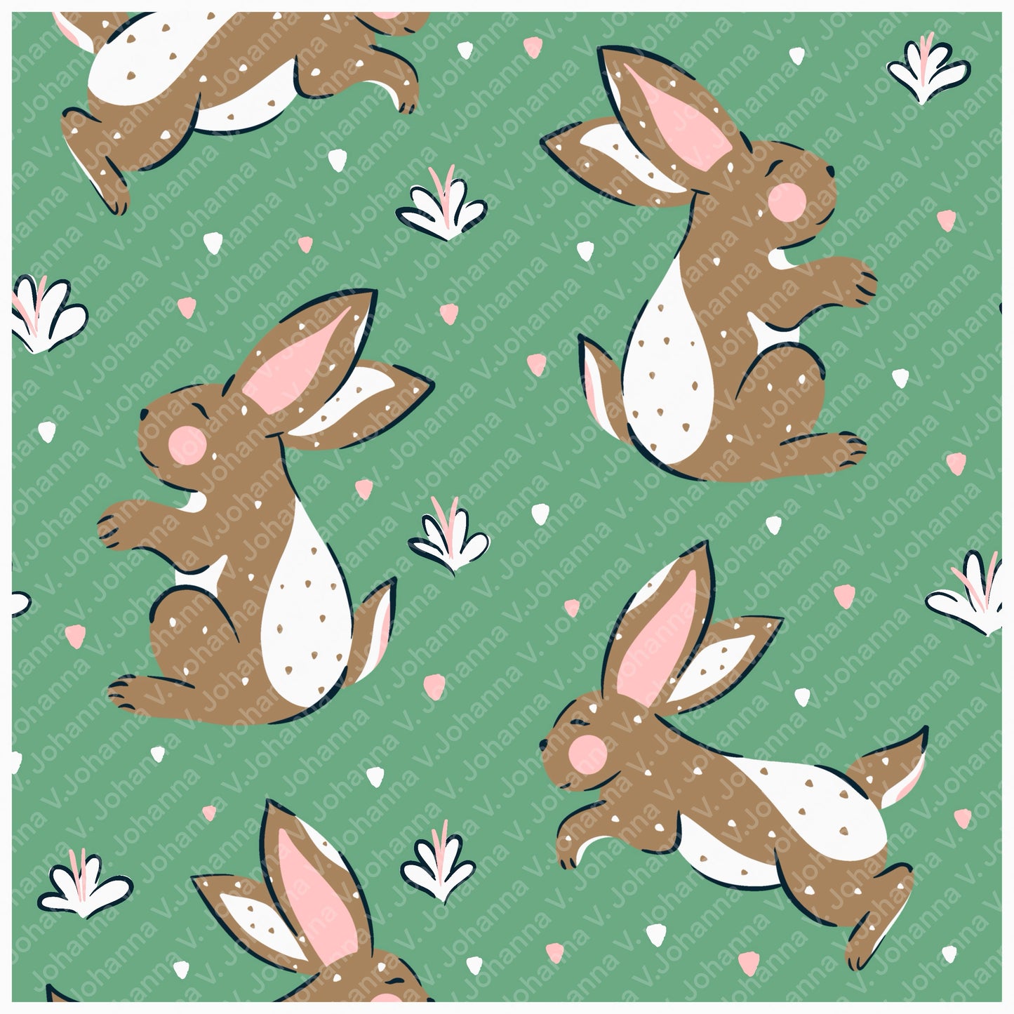 Spring Bunny Pattern Collection Green | Bunnies, Flowers & Carrots | Seamless Digital Paper PNG for Sublimation & POD