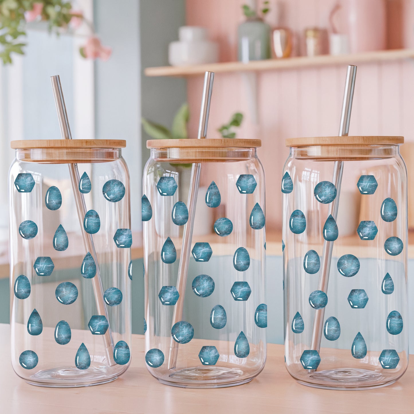 Crystal Gems Glass Can Wrap PNG Blue | Magical Crystal Cup Design | Boho Gemstone Sublimation Wrap 12.75x6.5