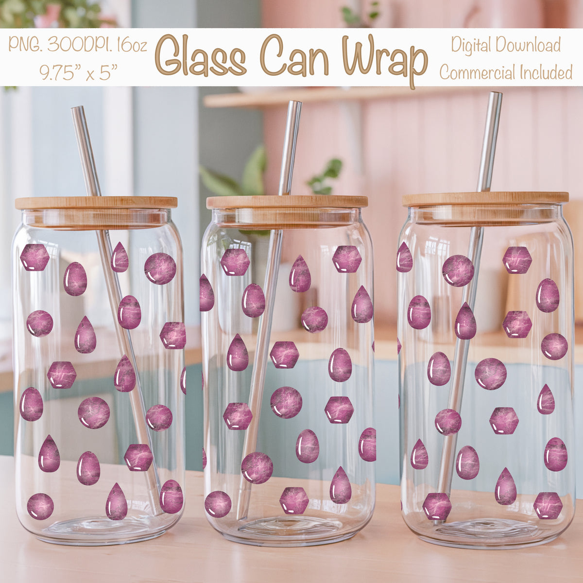 Crystal Gems Glass Can Wrap PNG Pink | Magical Crystal Cup Design | Boho Gemstone Sublimation Wrap 12.75x6.5