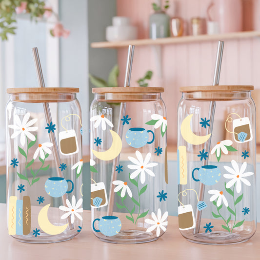 Cottagecore Moon & Tea Glass Can Wrap PNG | 16oz Libbey Cup Design