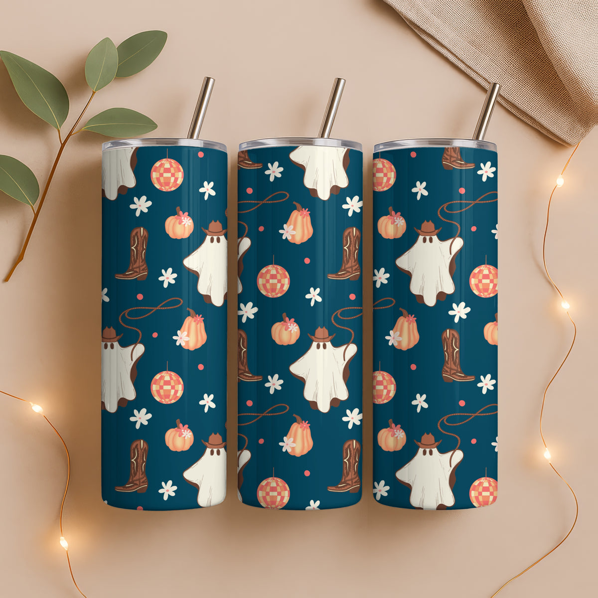 Halloween Cowgirl Ghost Tumbler Wrap PNG | Pumpkins & Disco Balls | 20oz Skinny Tumbler Design