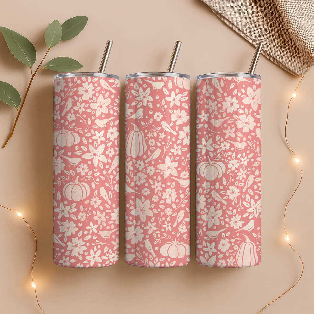 Winter Pumpkins & Birds Tumbler Wrap PNG | Floral 20oz Skinny Tumbler Design