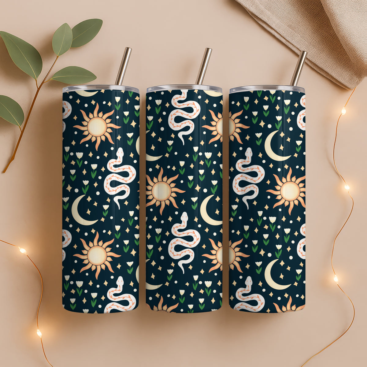 Celestial Boho Tumbler Wrap PNG | Suns, Moons, Stars & Snakes | 20oz Skinny Cup Design