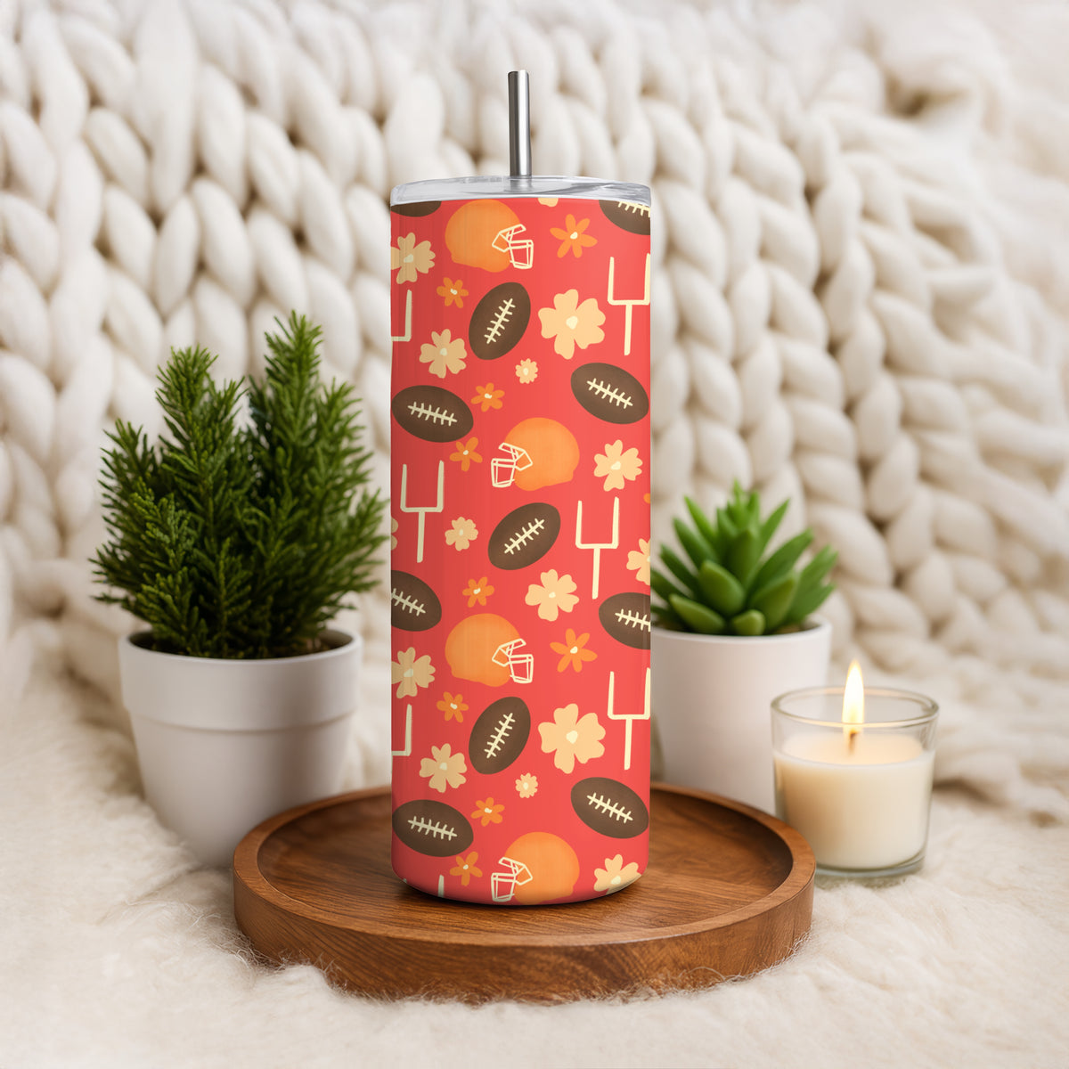 Cute Football Tumbler Wrap PNG | 20oz Skinny Cup Design for Game Day Red