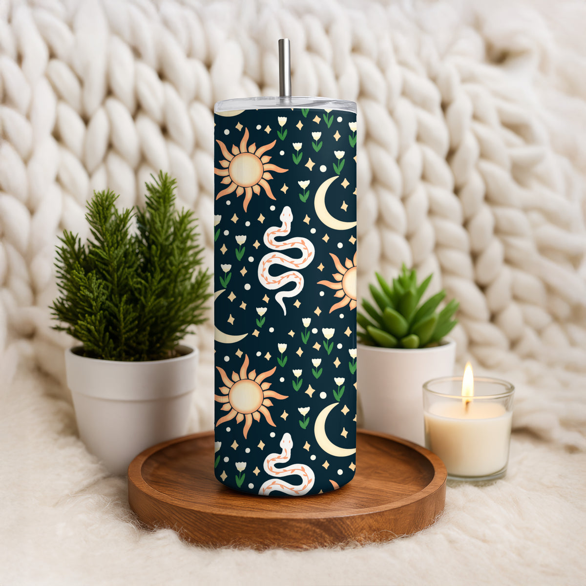 Celestial Boho Tumbler Wrap PNG | Suns, Moons, Stars & Snakes | 20oz Skinny Cup Design