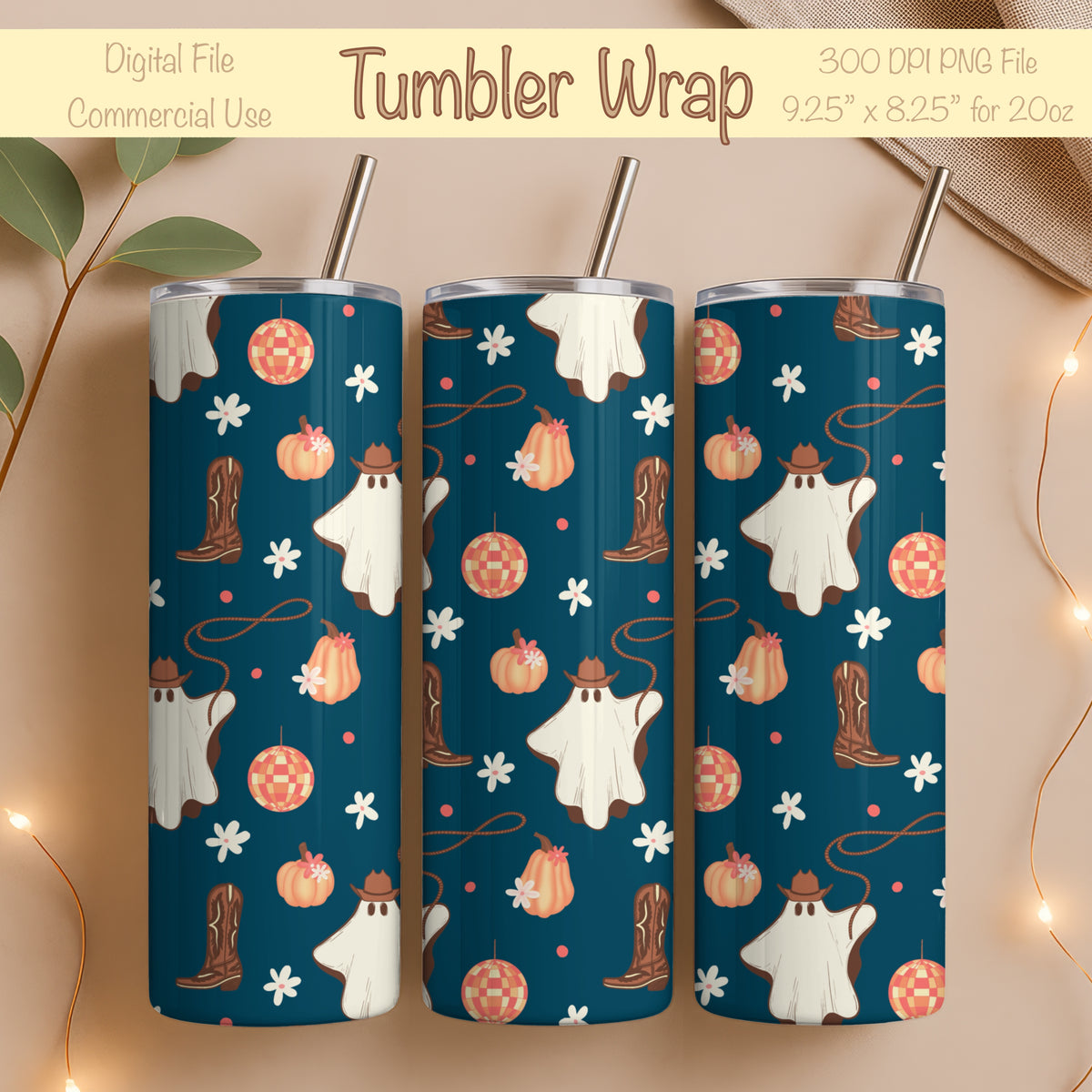 Halloween Cowgirl Ghost Tumbler Wrap PNG | Pumpkins & Disco Balls | 20oz Skinny Tumbler Design