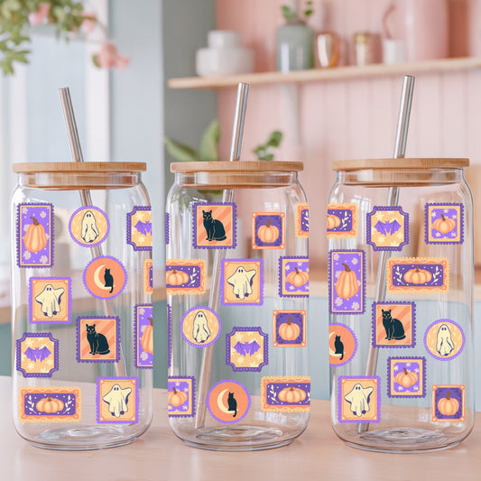 Vintage Halloween Postage Stamp Glass Can Wrap PNG | 16oz Libbey Cup Design