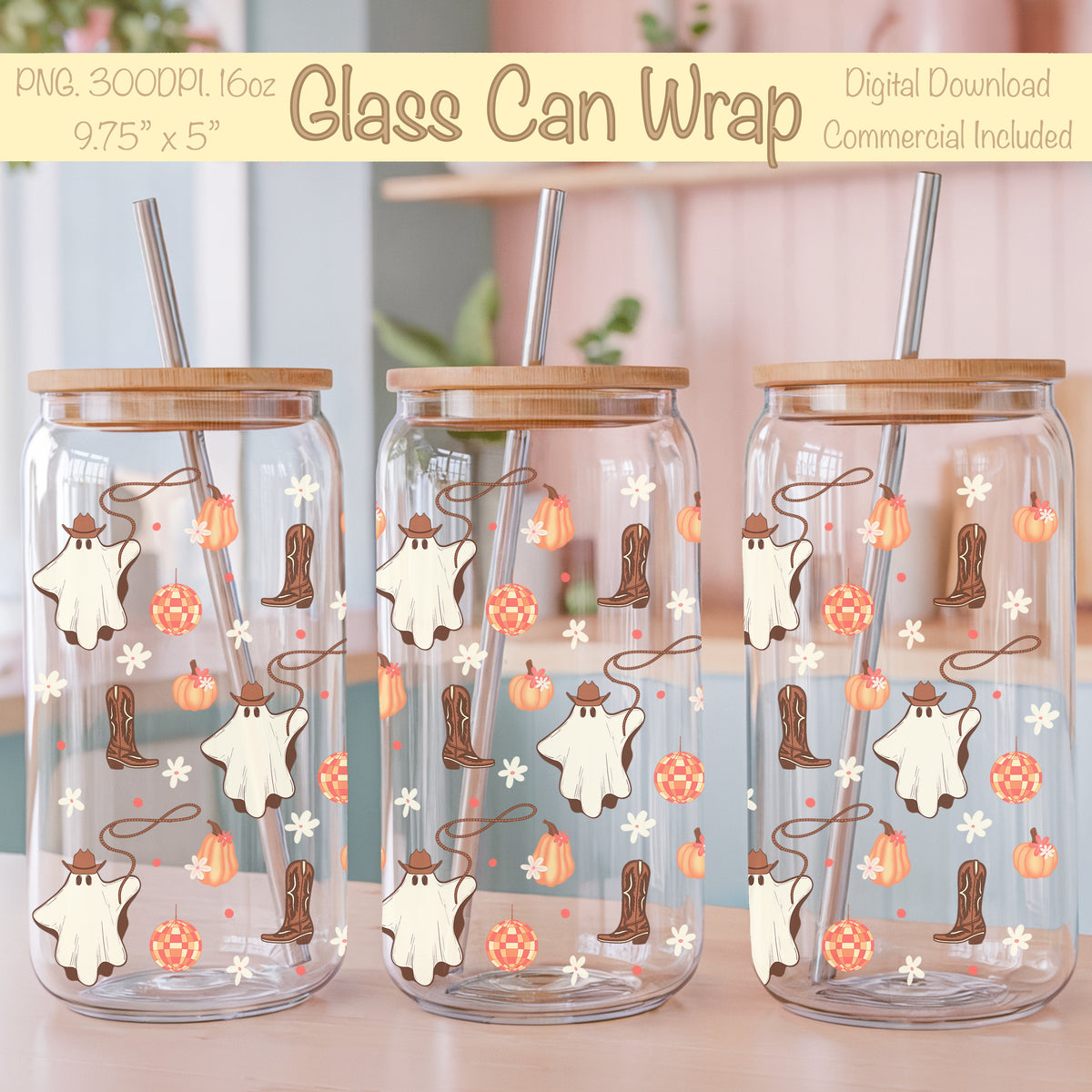 Halloween Cowgirl Ghost Glass Can Wrap PNG | Pumpkins & Disco Balls | 16oz Libbey Cup Design