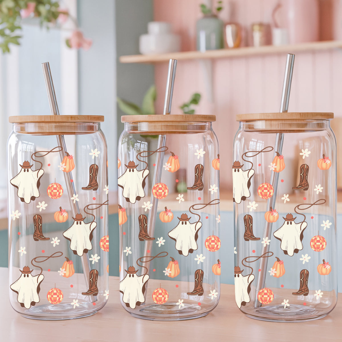 Halloween Cowgirl Ghost Glass Can Wrap PNG | Pumpkins & Disco Balls | 16oz Libbey Cup Design