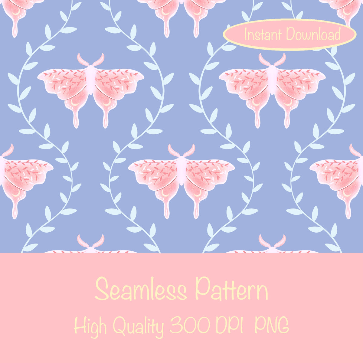 Whimsical Moth Seamless Pattern Digital File – Dreamy 12x12” PNG, 300 DPI, Commercial Use