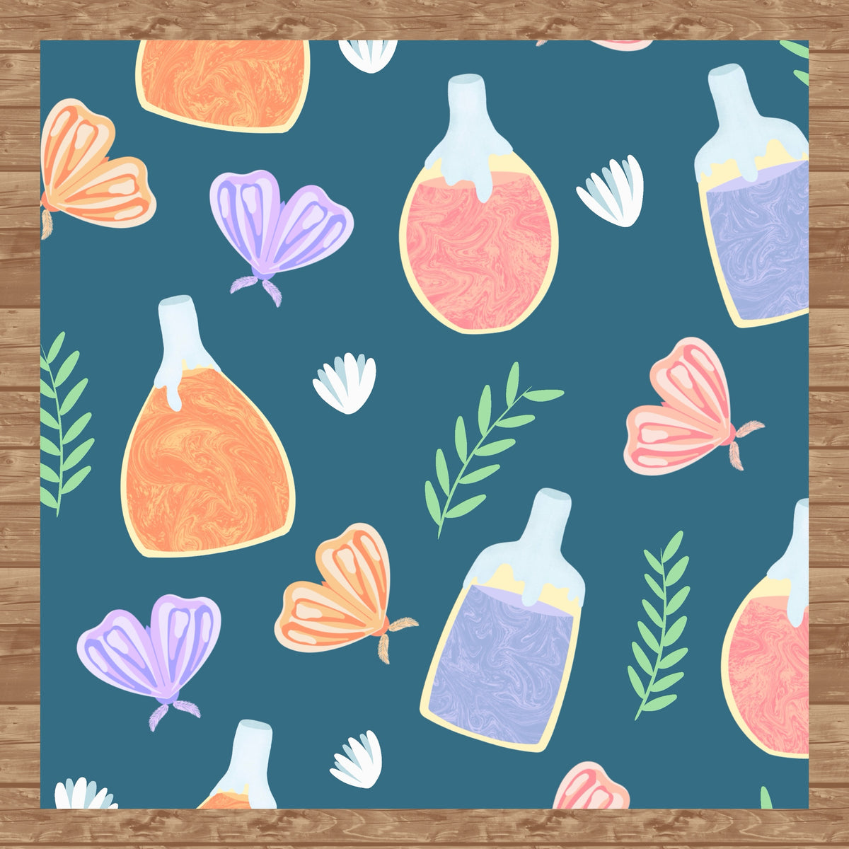 Enchanting Potions, Moths & Flowers Seamless Pattern Blue | Digital Paper PNG 12” x 12” 300 DPI