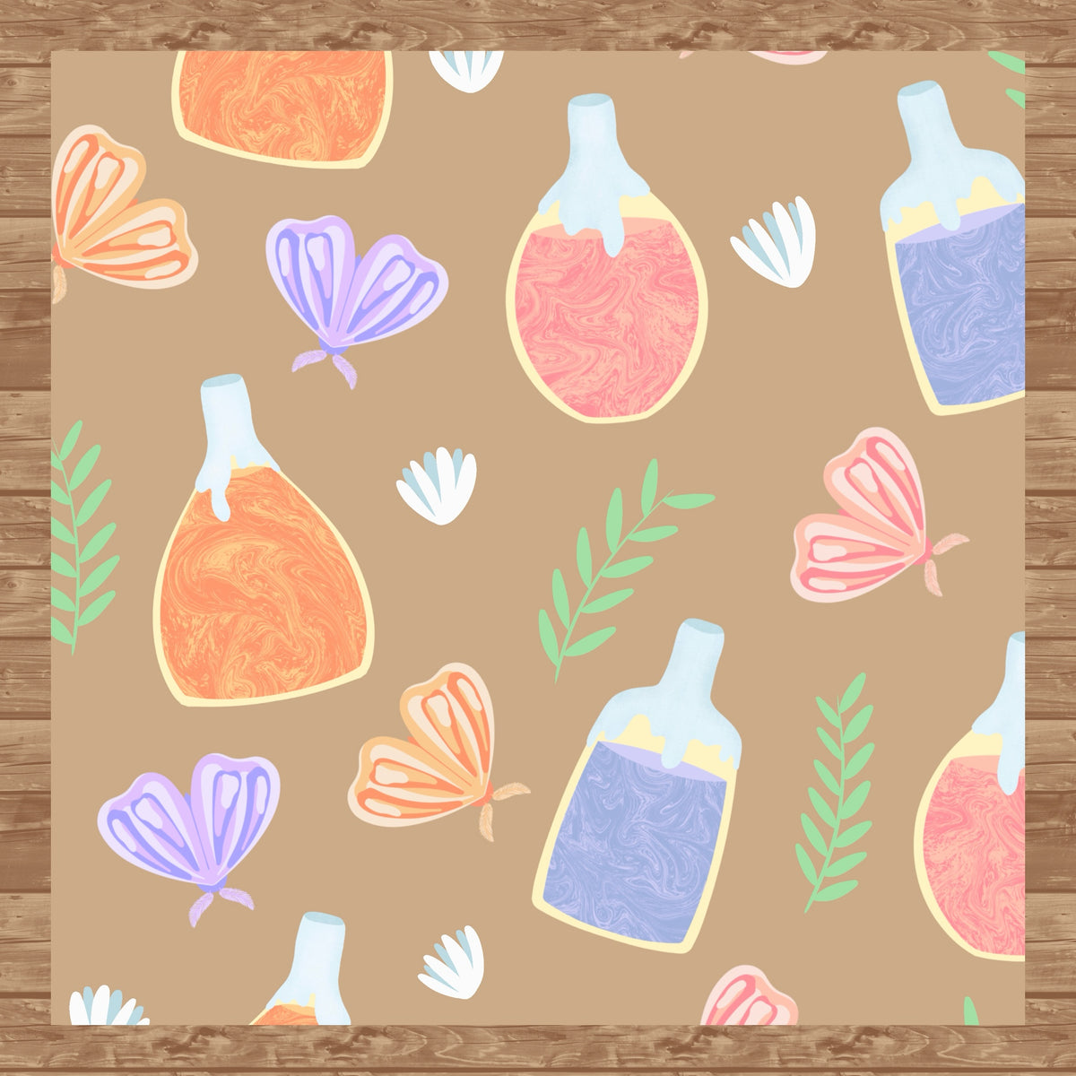 Enchanting Potions, Moths & Flowers Seamless Pattern Brown | Digital Paper PNG 12” x 12” 300 DPI