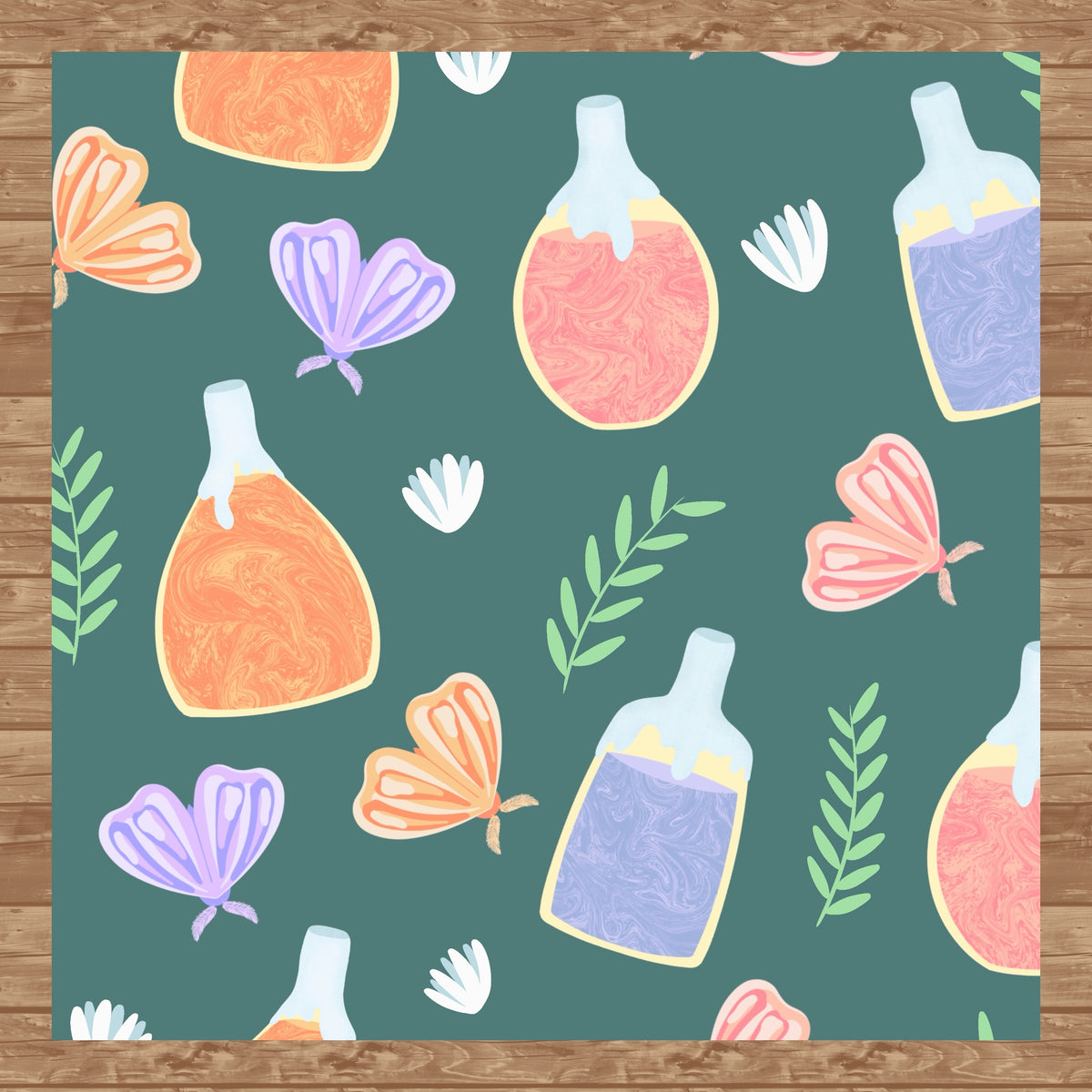 Enchanting Potions, Moths & Flowers Seamless Pattern Dark Green | Digital Paper PNG 12” x 12” 300 DPI