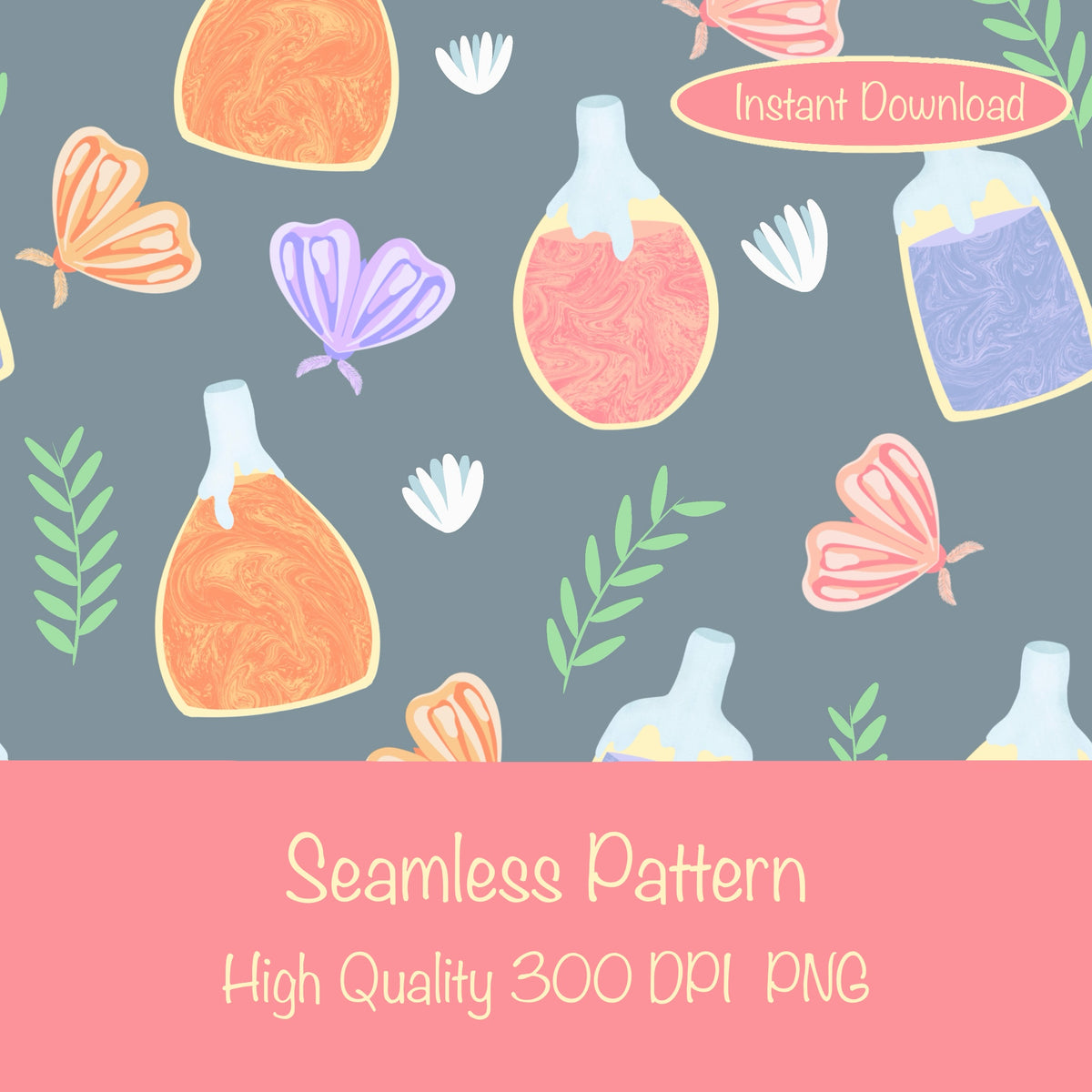 Enchanting Potions, Moths & Flowers Seamless Pattern Grey | Digital Paper PNG 12” x 12” 300 DPI