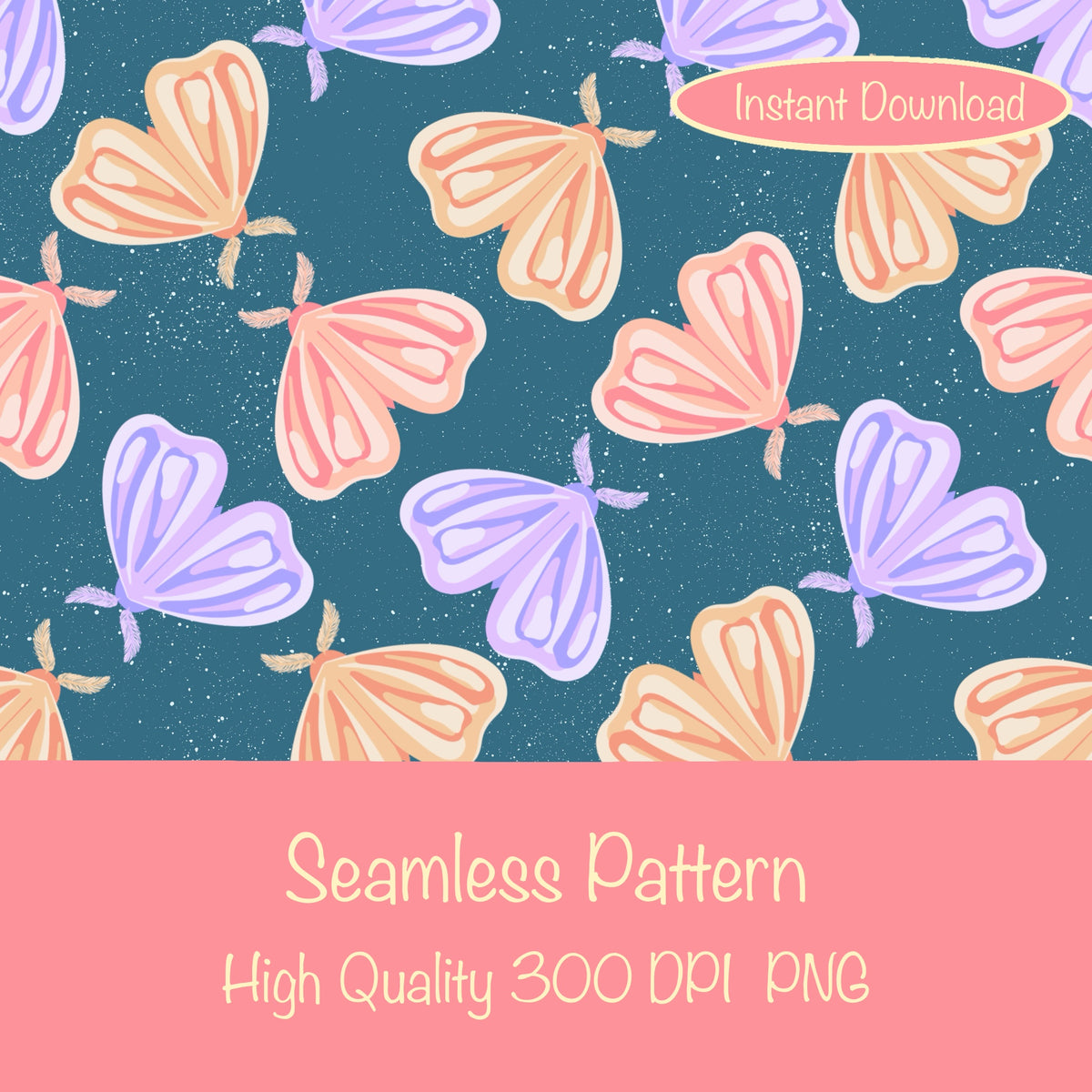 Whimsical Moths Seamless Pattern Blue | Digital Paper PNG 12” x 12” 300 DPI