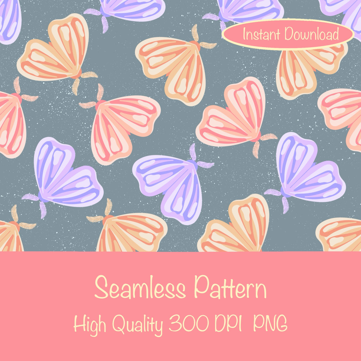 Whimsical Moths Seamless Pattern Grey | Digital Paper PNG 12” x 12” 300 DPI