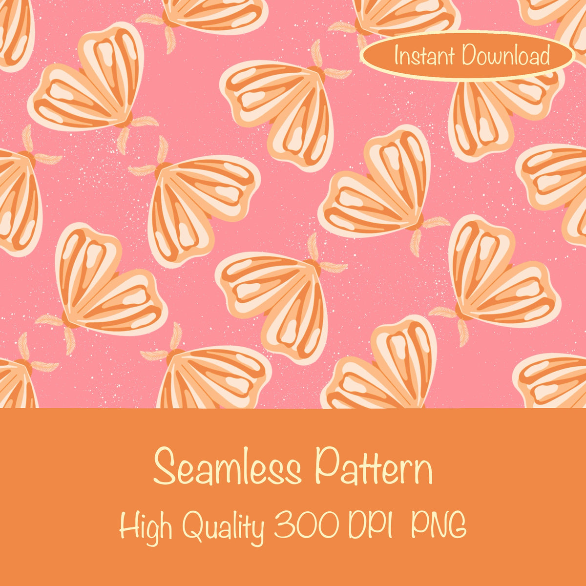 Whimsical Moths Seamless Pattern Pink | Digital Paper PNG 12” x 12” 300 DPI