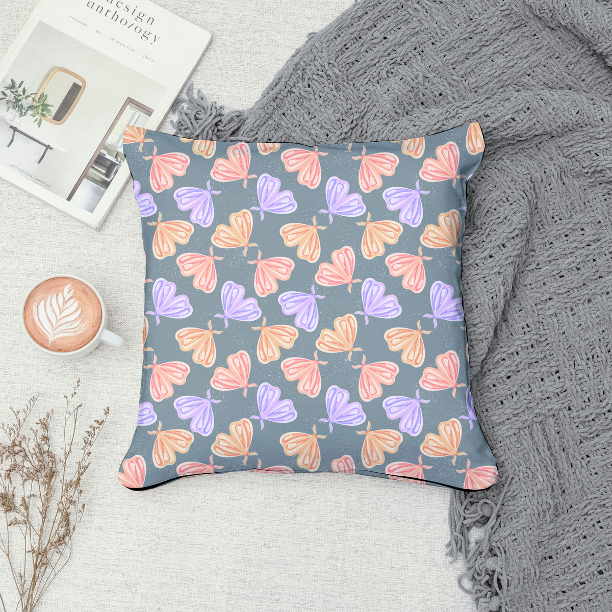 Whimsical Moths Seamless Pattern Grey | Digital Paper PNG 12” x 12” 300 DPI