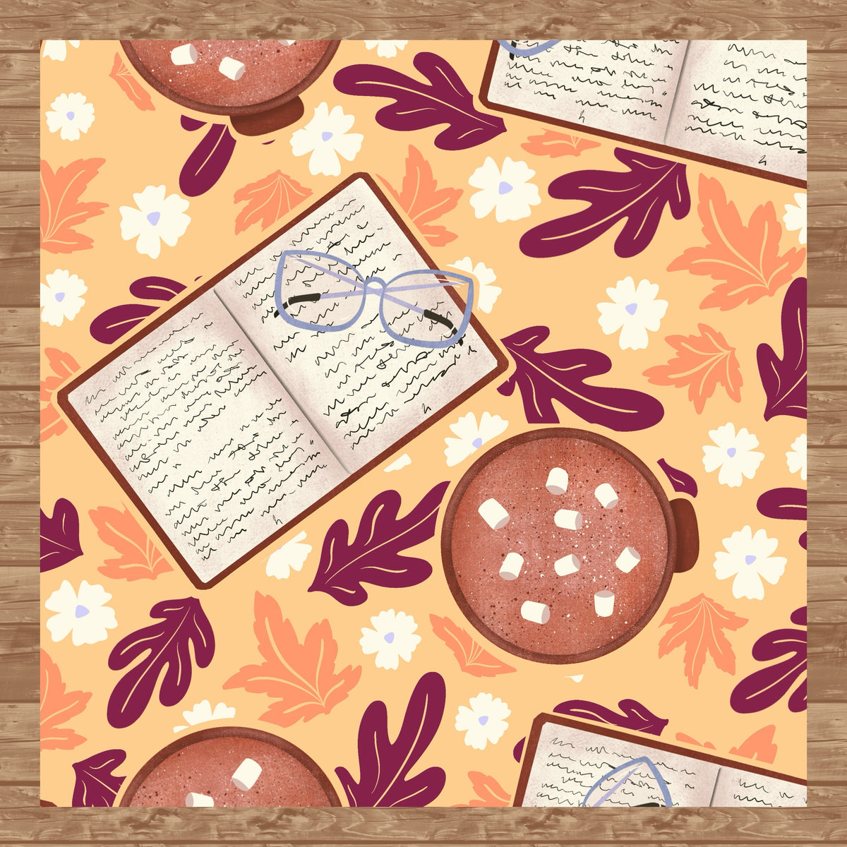Cozy Fall Seamless Pattern Orange – Books, Hot Cocoa, Glasses & Autumn Leaves Digital Download