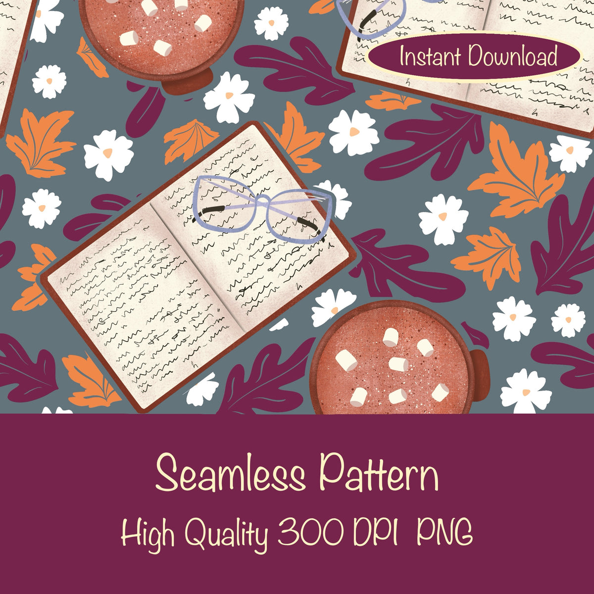 Cozy Fall Seamless Pattern Dark – Books, Hot Cocoa, Glasses & Autumn Leaves Digital Download