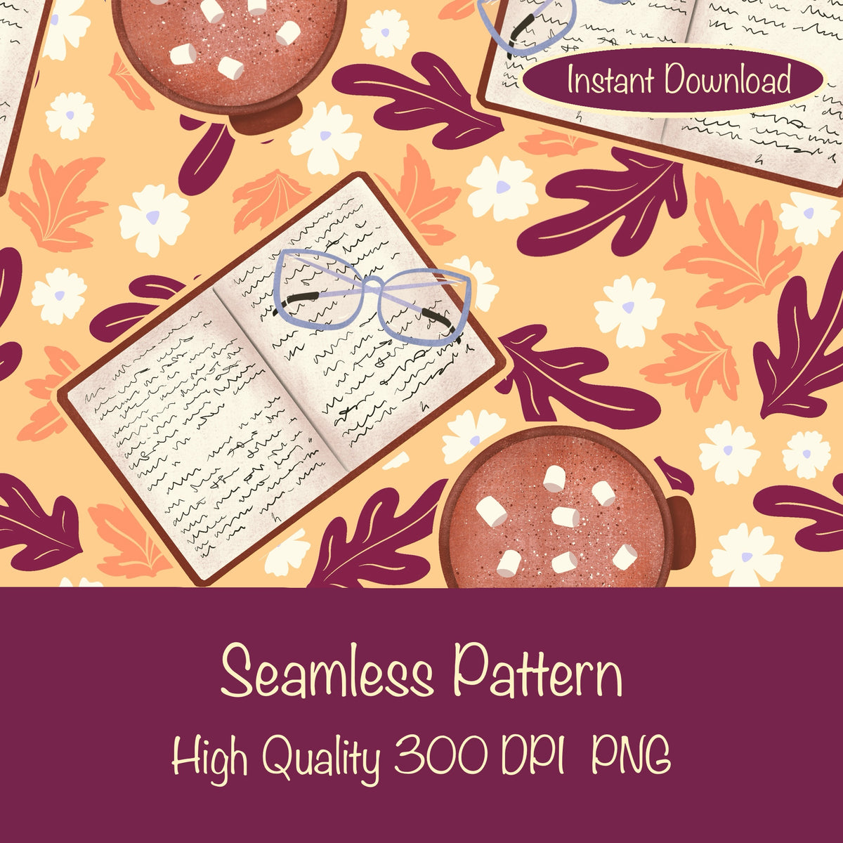 Cozy Fall Seamless Pattern Orange – Books, Hot Cocoa, Glasses & Autumn Leaves Digital Download