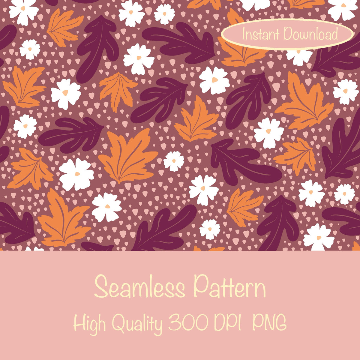 Fall Leaves & Flowers Seamless Pattern Dark | Autumn Digital Paper PNG | Cozy Floral Print