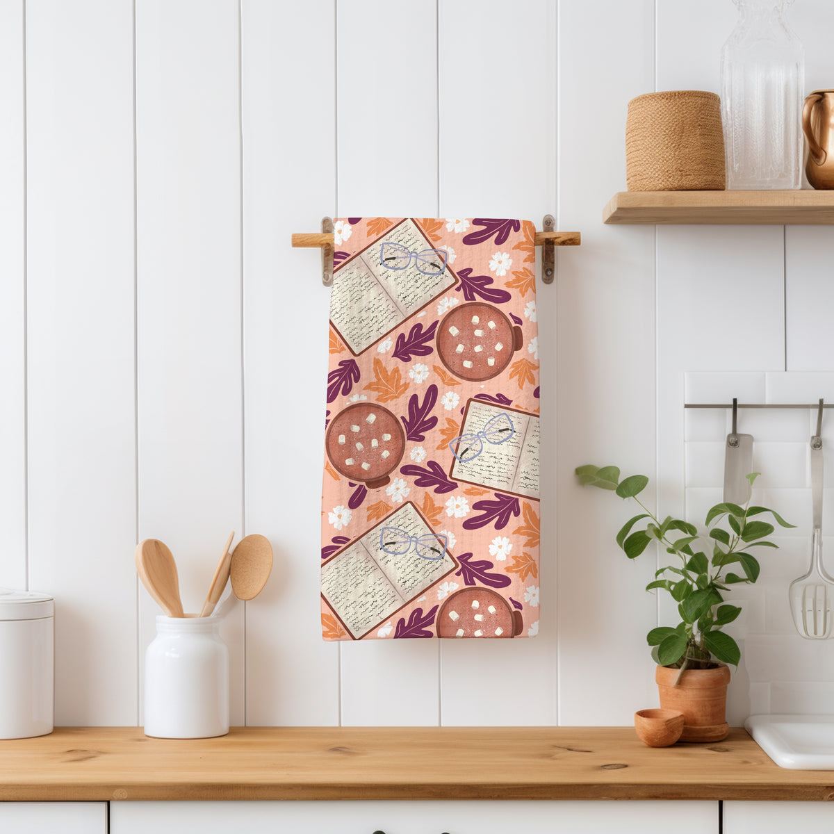 Cozy Fall Seamless Pattern Pink – Books, Hot Cocoa, Glasses & Autumn Leaves Digital Download