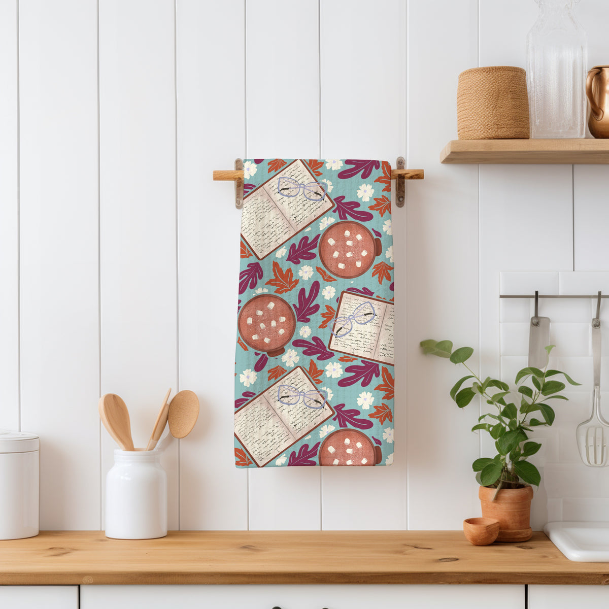 Cozy Fall Seamless Pattern Blue – Books, Hot Cocoa, Glasses & Autumn Leaves Digital Download