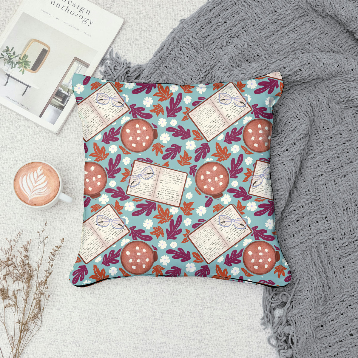 Cozy Fall Seamless Pattern Blue – Books, Hot Cocoa, Glasses & Autumn Leaves Digital Download