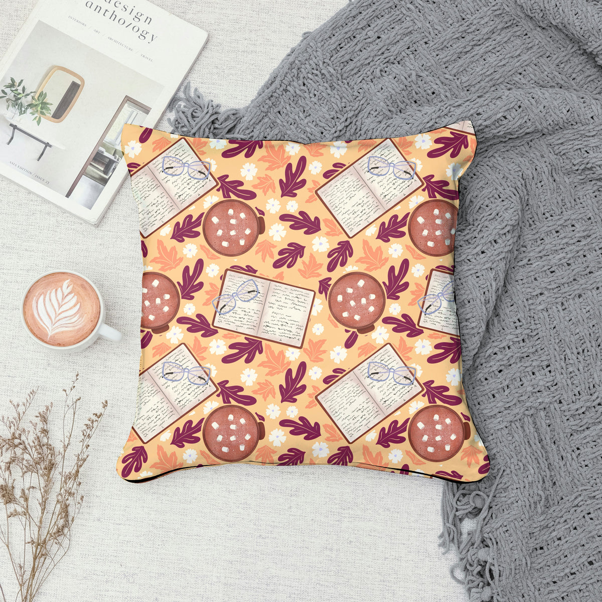 Cozy Fall Seamless Pattern Orange – Books, Hot Cocoa, Glasses & Autumn Leaves Digital Download