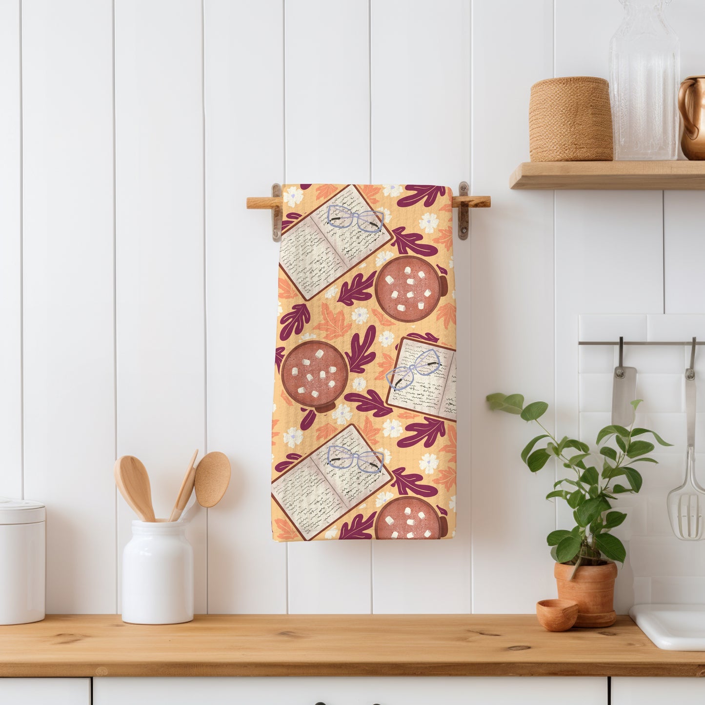 Cozy Fall Seamless Pattern Orange – Books, Hot Cocoa, Glasses & Autumn Leaves Digital Download