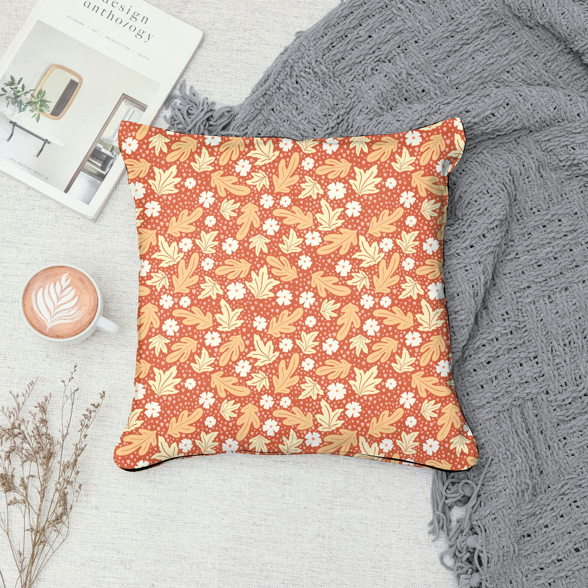 Fall Leaves & Flowers Seamless Pattern Burnt Orange| Autumn Digital Paper PNG | Cozy Floral Print