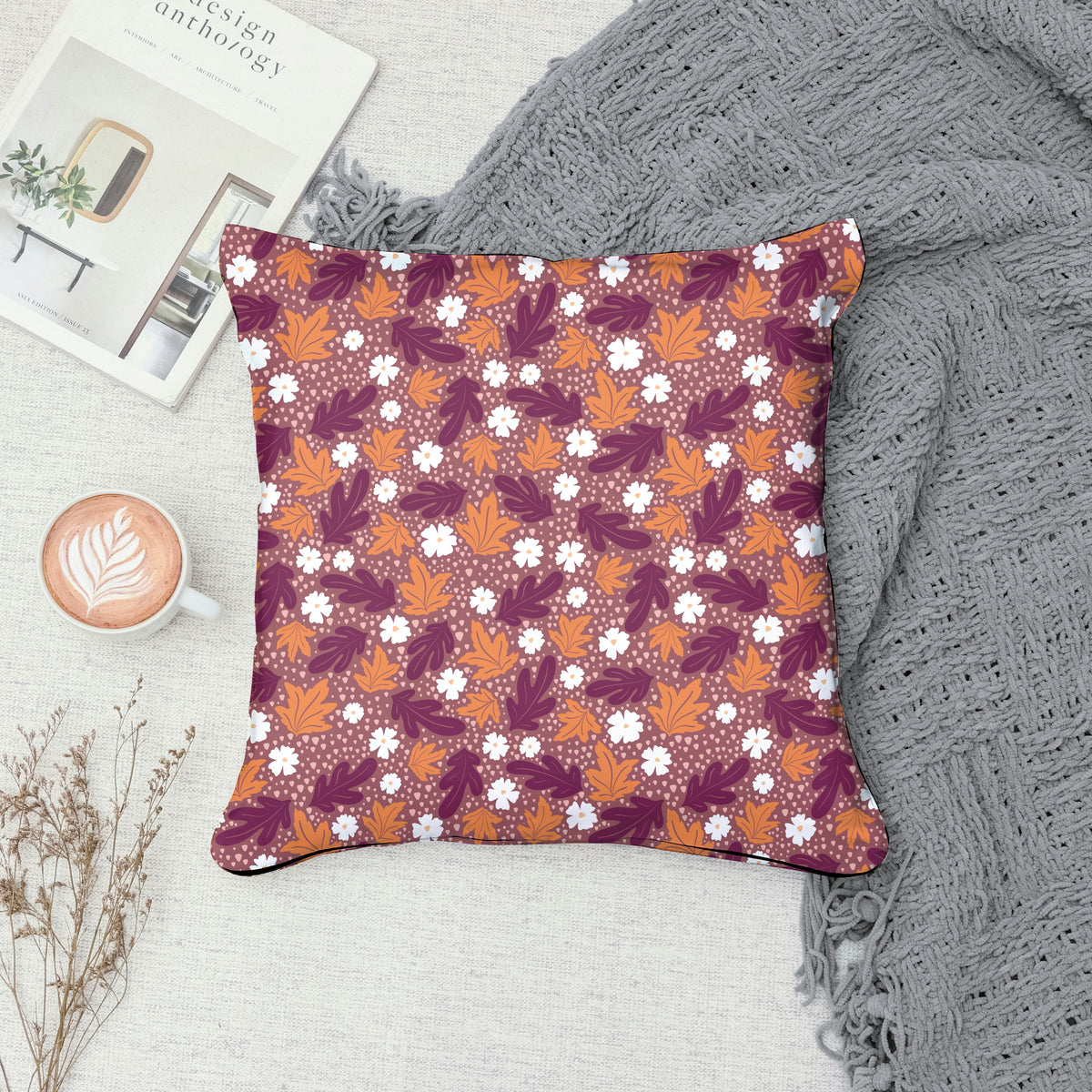 Fall Leaves & Flowers Seamless Pattern Dark | Autumn Digital Paper PNG | Cozy Floral Print