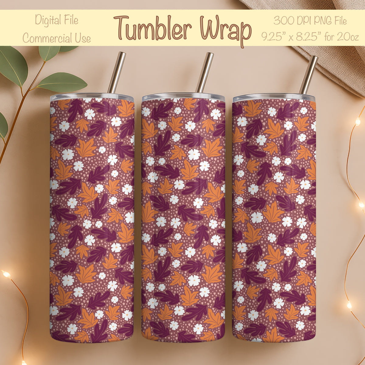 Fall Floral 20 oz Tumbler Wrap Dark β Cozy Autumn Flowers Digital PNG 9.25β x 8.20β