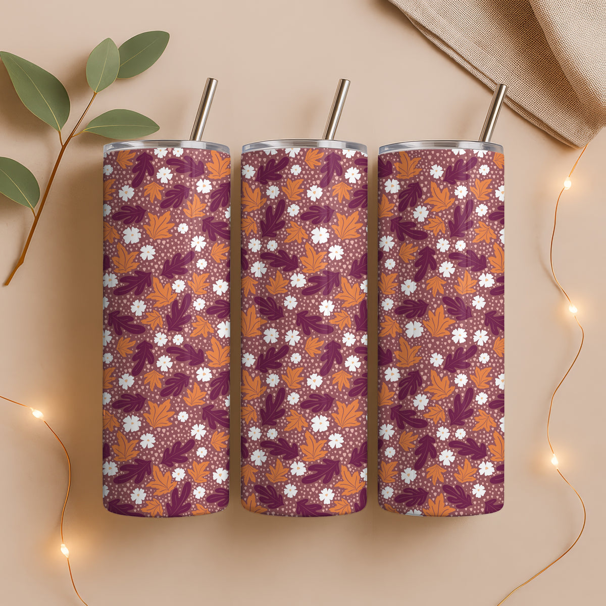 Fall Floral 20 oz Tumbler Wrap Dark β Cozy Autumn Flowers Digital PNG 9.25β x 8.20β