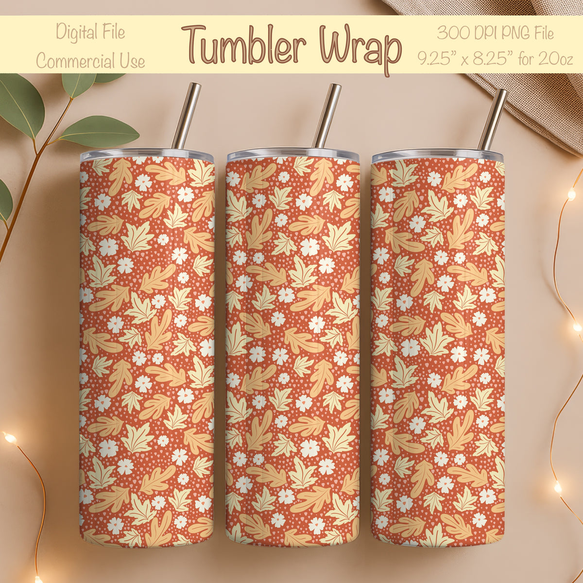 Fall Floral 20 oz Tumbler Wrap Burnt Orange β Cozy Autumn Flowers Digital PNG 9.25β x 8.20β