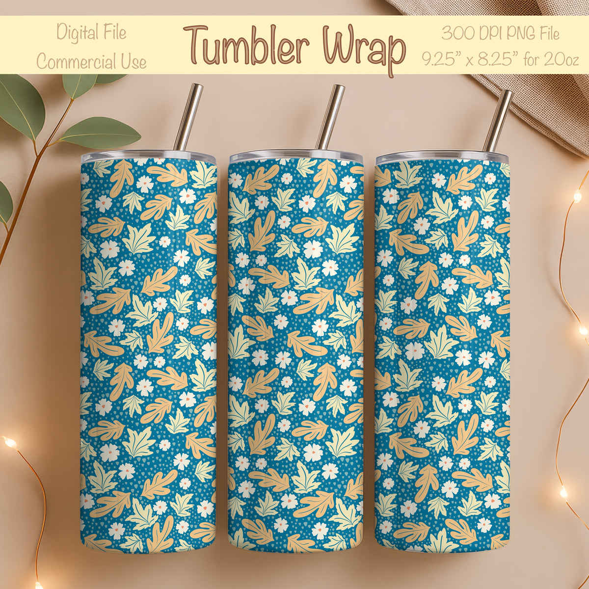 Fall Floral 20 oz Tumbler Wrap Blue β Cozy Autumn Flowers Digital PNG 9.25β x 8.20β