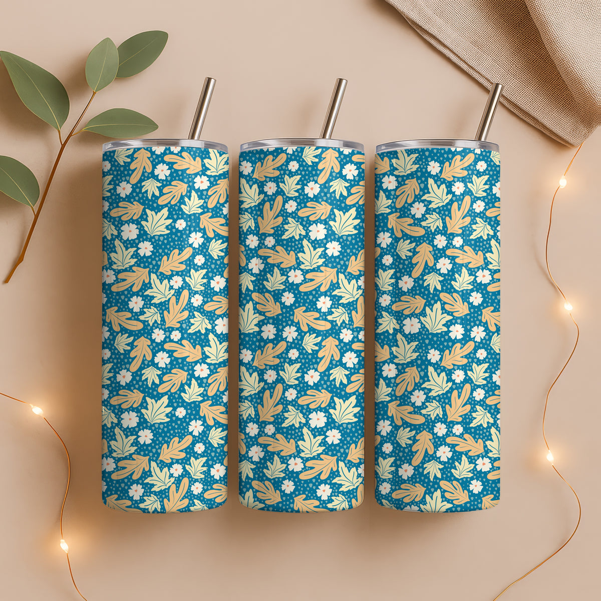 Fall Floral 20 oz Tumbler Wrap Blue β Cozy Autumn Flowers Digital PNG 9.25β x 8.20β