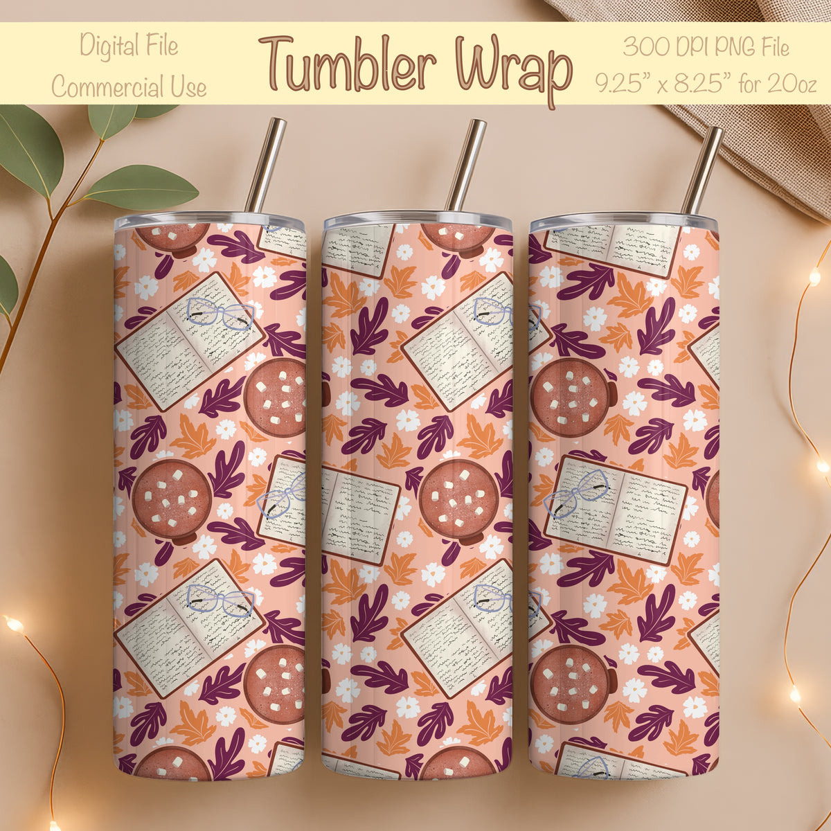 Cozy Fall 20 oz Tumbler Wrap Pink β Books, Hot Cocoa & Fall Florals PNG | Digital 9.25β x 8.20β