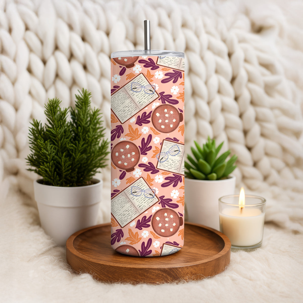 Cozy Fall 20 oz Tumbler Wrap Pink β Books, Hot Cocoa & Fall Florals PNG | Digital 9.25β x 8.20β