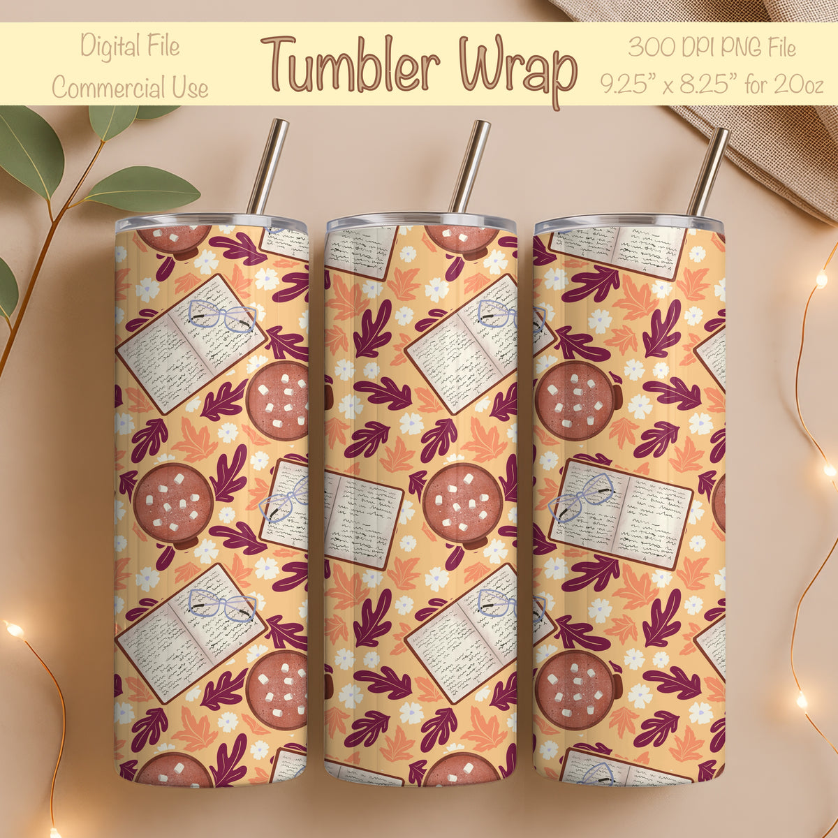 Cozy Fall 20 oz Tumbler Wrap Orange β Books, Hot Cocoa & Fall Florals PNG | Digital 9.25β x 8.20β