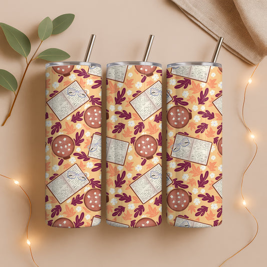 Cozy Fall 20 oz Tumbler Wrap Orange – Books, Hot Cocoa & Fall Florals PNG | Digital 9.25” x 8.20”